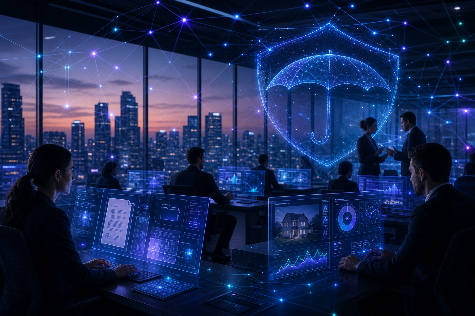 A dark, modern insurance operations floor with professionals at holographic dashboards showing claims and policy data, a glowing blue-and-violet network mesh overhead forming a translucent shield and umbrella, suggesting an invisible AI protection layer.