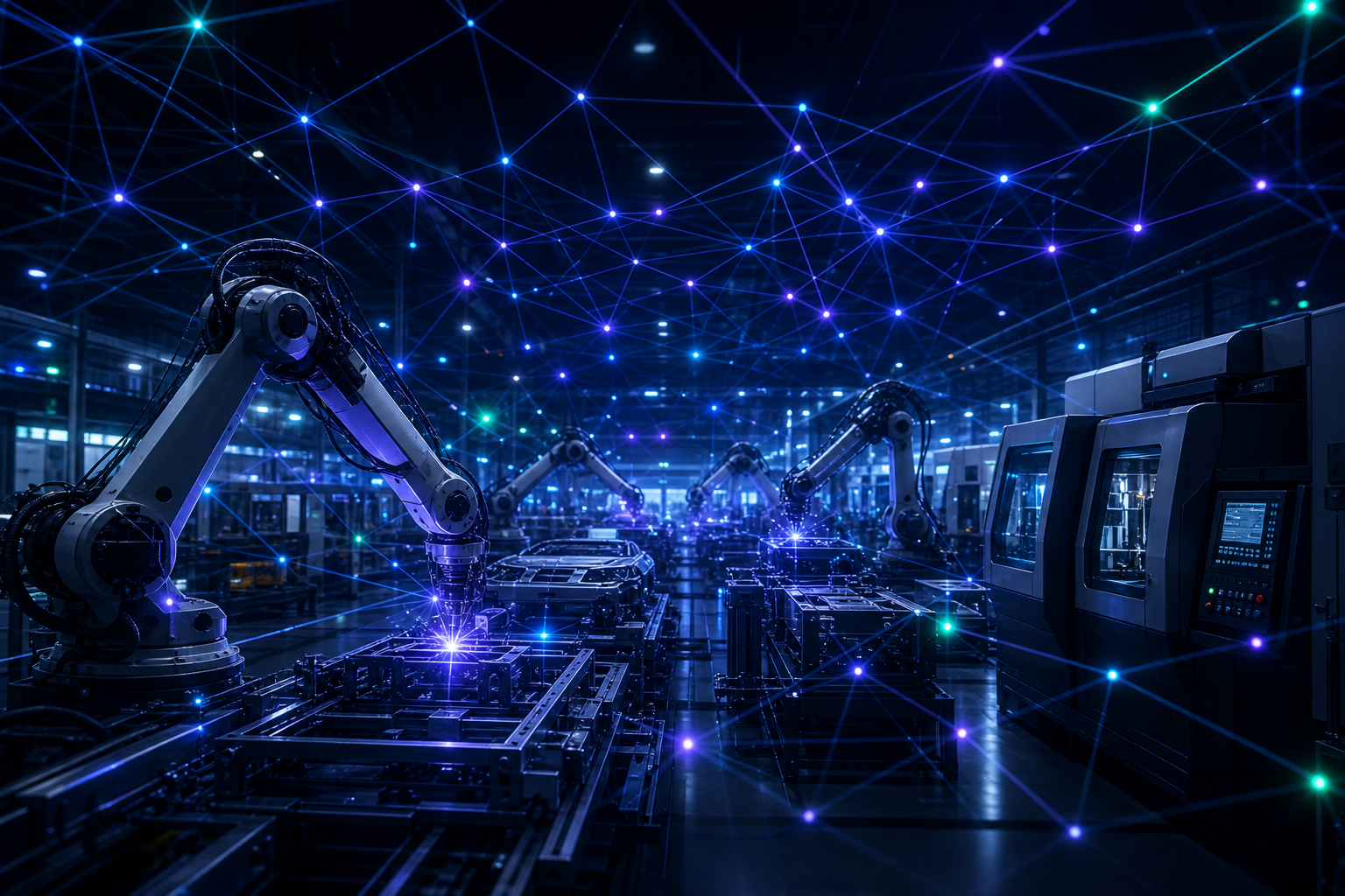 A dark, modern factory floor of robotic arms and CNC machines with a glowing blue-and-violet network mesh floating above them, suggesting an invisible AI coordination layer.