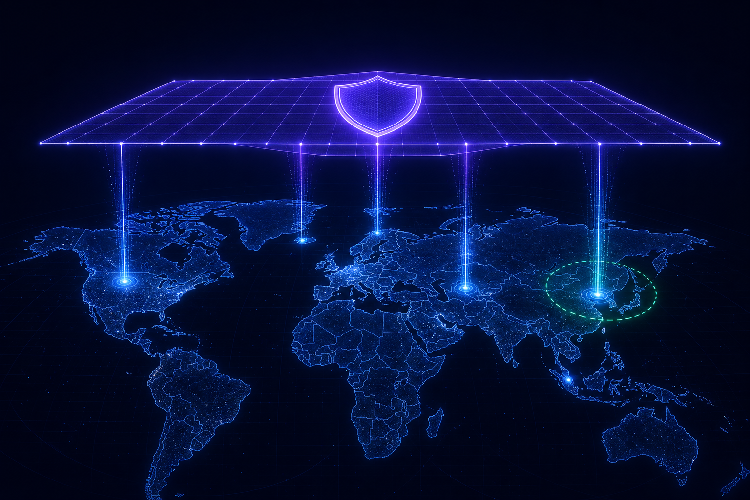A dark world map with glowing gateway nodes rising from several regions, all connecting into one luminous policy plane floating above, with a shield emblem at its center and a soft data-residency boundary drawn around one region.