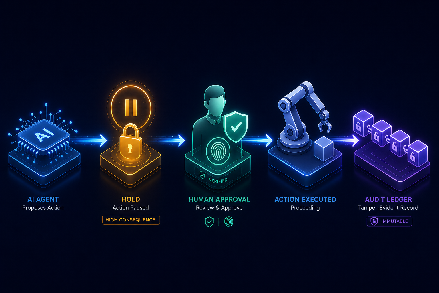 A left-to-right flow: an AI agent proposes an action, a high-consequence hold pauses it, a biometrically verified human approves, the action executes on a robot arm, and a tamper-evident ledger records it.
