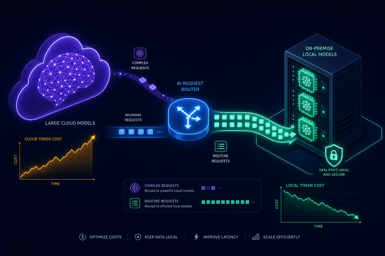 A routing diagram: incoming AI requests hit a central router; the thick stream of routine requests flows to compact on-premise local models inside a secure perimeter with falling cost, while a thin stream of complex requests goes to large cloud models whose token costs trend upward.