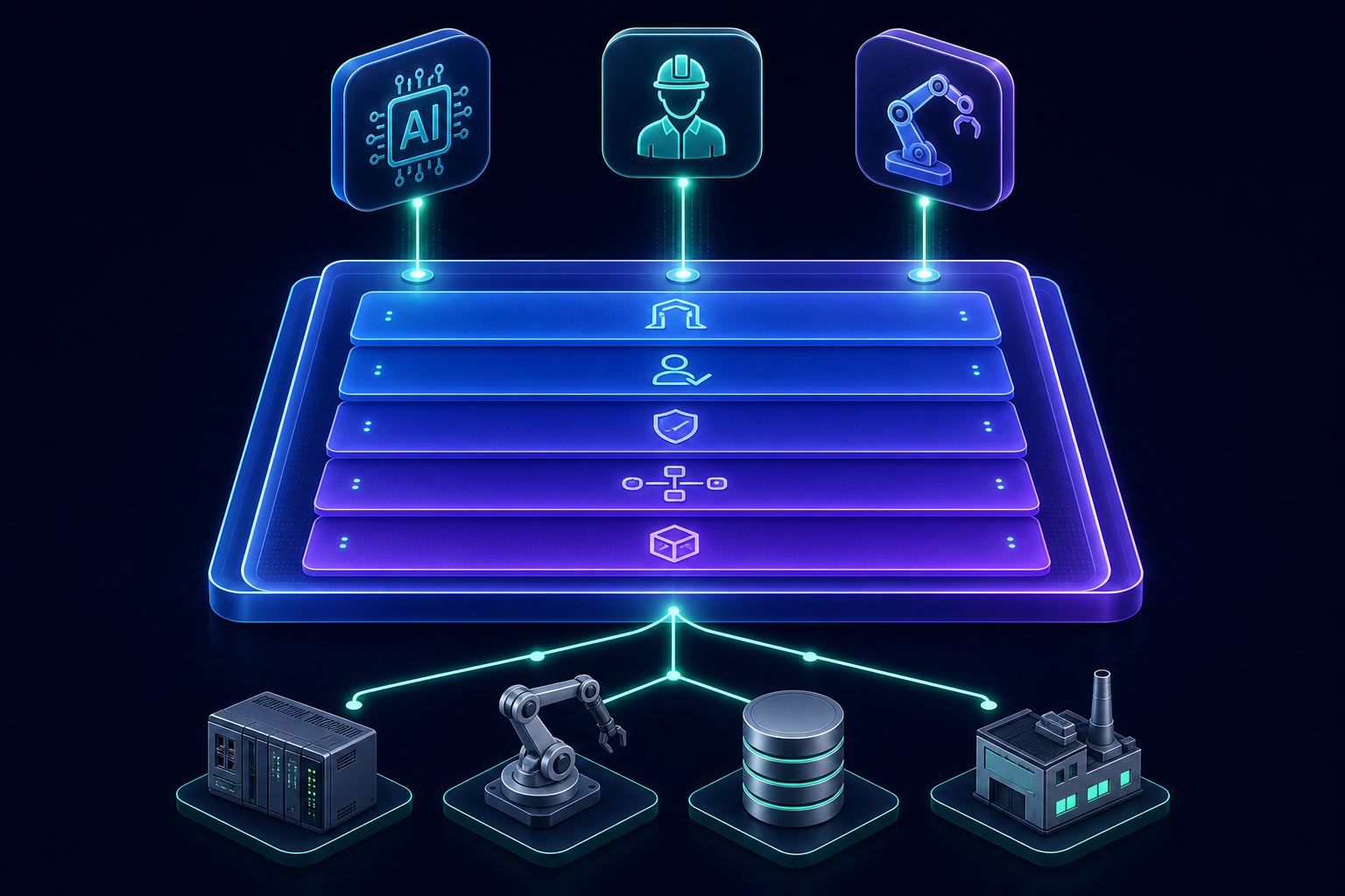 An isometric diagram of a glowing middleware platform. Consumers (an AI agent, a human engineer, a partner robot) connect down into a layered slab containing gateway, identity, policy, orchestration, and catalog sub-layers; the slab fans out below to a PLC, a robot arm, a database, and a factory.